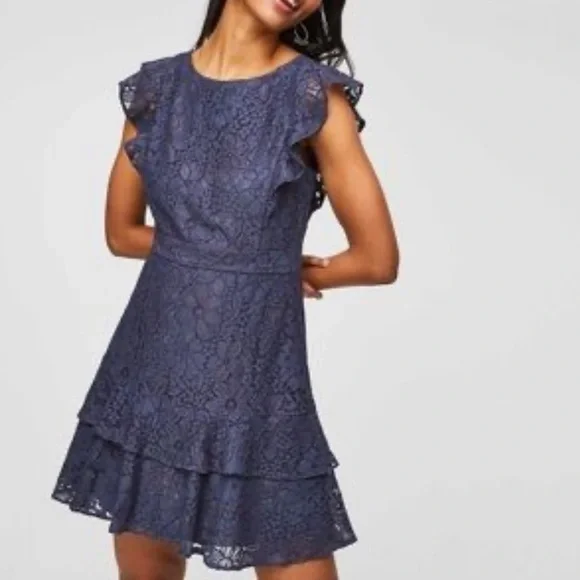 NWT Loft Navy Blue Floral Lace Ruffle Mini Flutter Sleeve Cocktail Dress 10P - Picture 1 of 15